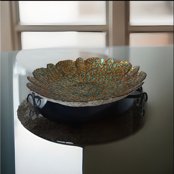 ArdaCam Hand Painted Turquoise & Bronze Glass 12” Round Serving Platter Bowl - Picture 12 of 16